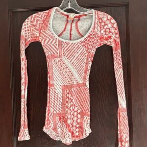 Free People Red & White Patchwork-Print Waffle Long Sleeve Tee